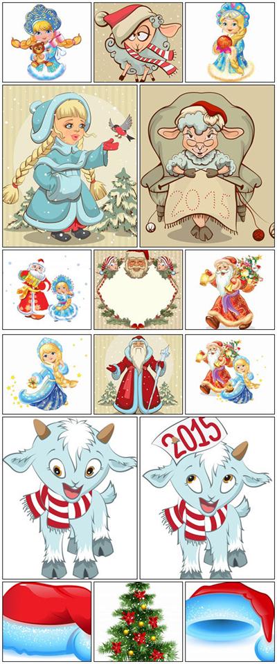 Funny Santa Claus, sheep and snow maiden - vector stock